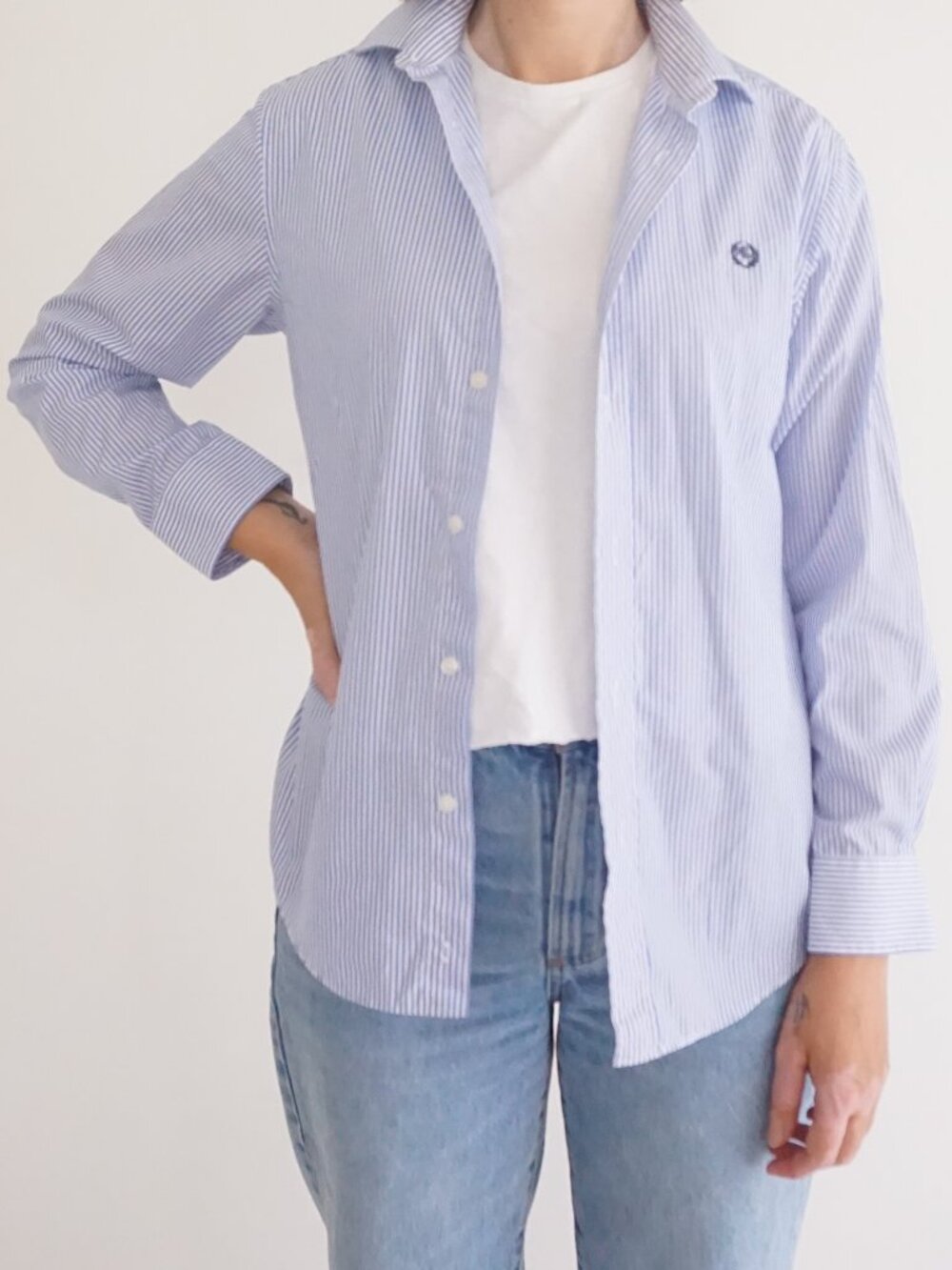 Lauren Ralph Lauren Blue White Striped Button Down Oxford Collared Shirt Prep XS